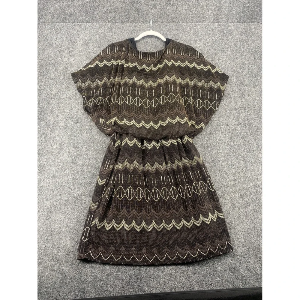 J.R. Nites Carol Lin Metallic Chevron Blouson Dress Womens 18 Brown Gold Party